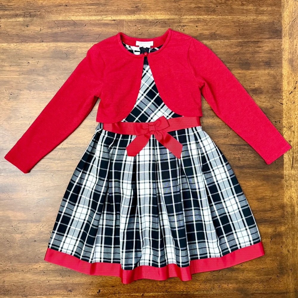 Bonnie Jean Red and Black Plaid Dress with Cardigan Size 6X EUC